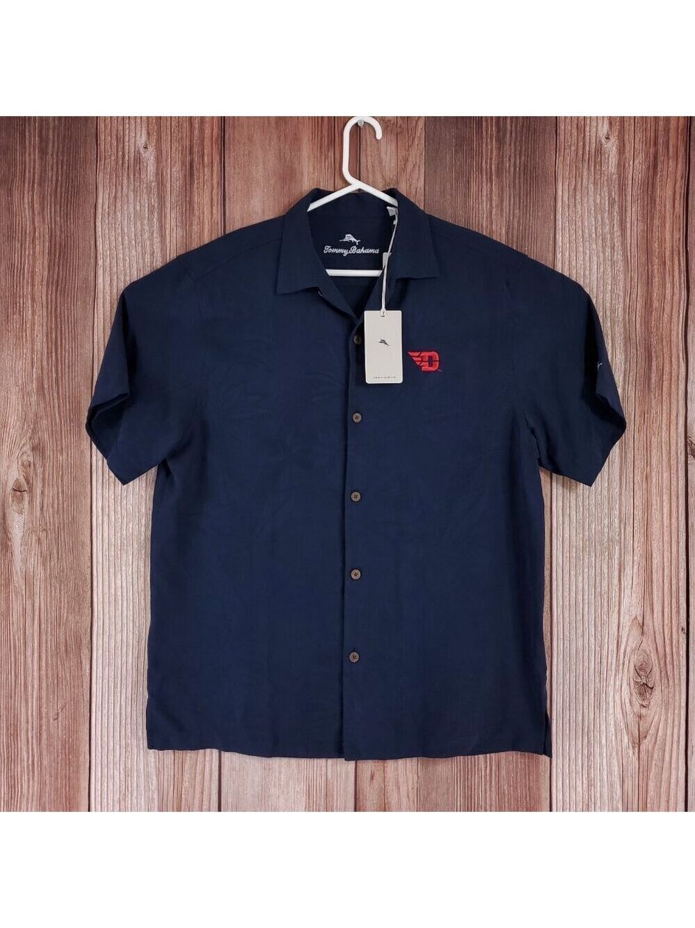 NWT Tommy Bahama Dayton Flyers Mens Large Silk Floral Hawaiian Shirt Navy Blue